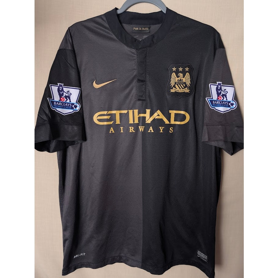 Manchester City 2013-14 Away Sergio Aguero Jersey Mens XL EPL Patched Black Gold