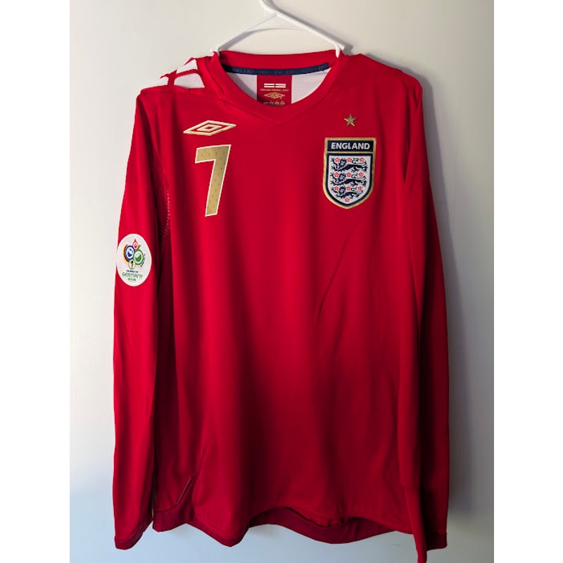 England 2006 Away David Beckham #7 Jersey Mens Large Long Sleeve Umbro World Cup Fully Patched