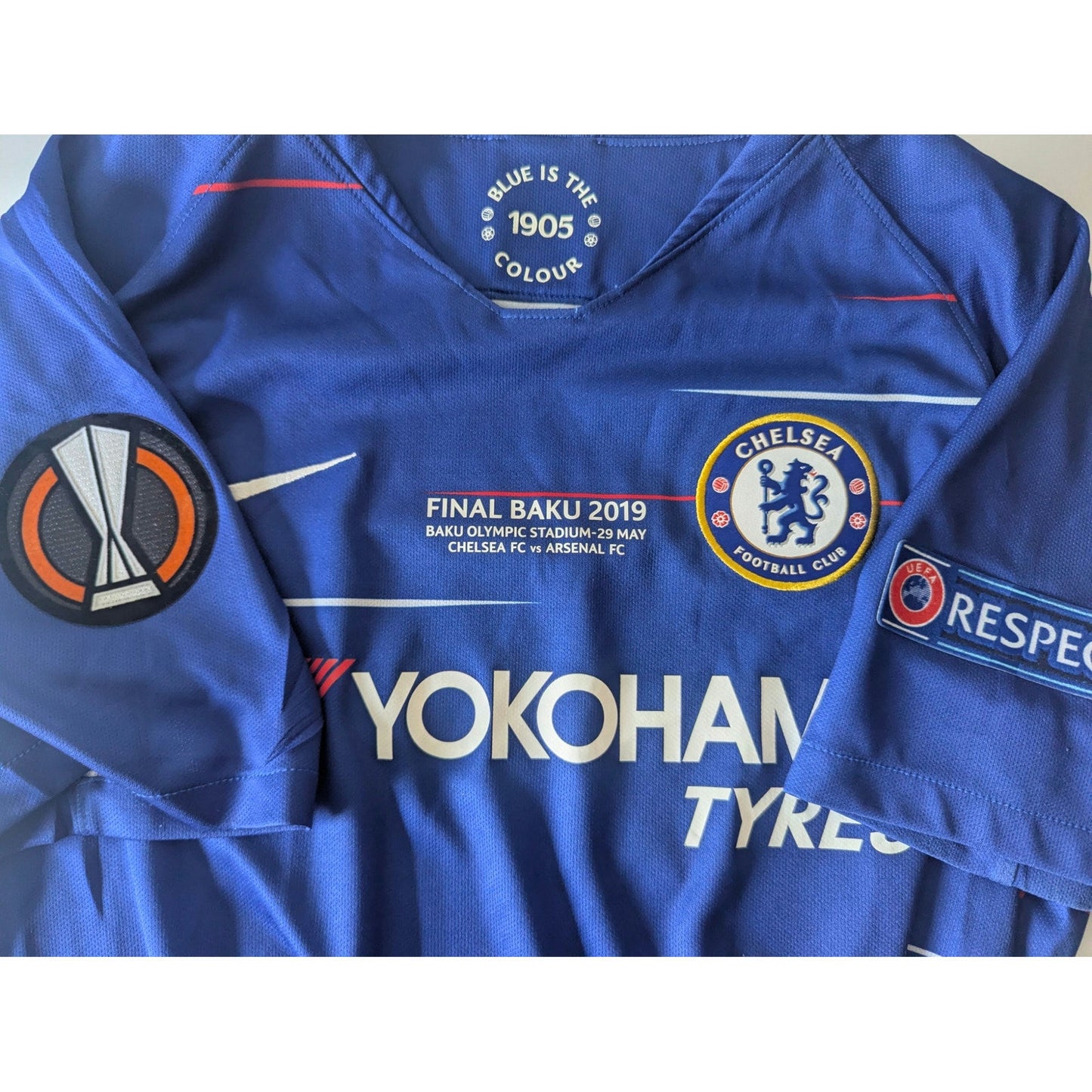 Chelsea 2018–19 Home Hazard Jersey – Men’s Medium UEL Final Fully Patched Shirt