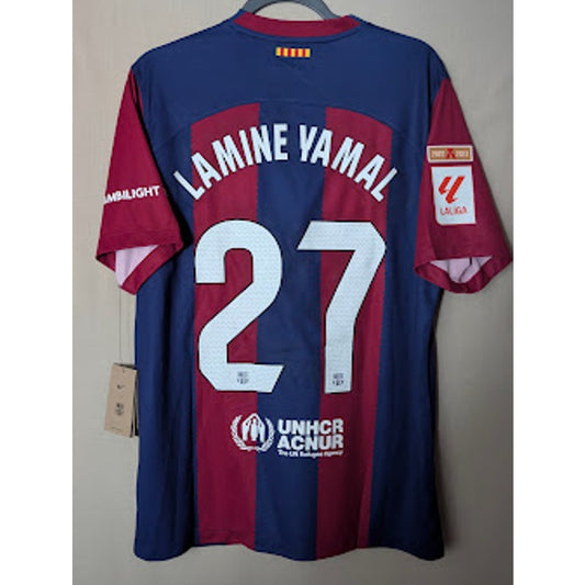 FC Barcelona 2023-24 Home Lamine Yamal #27 Jersey Mens Large Nike La Liga Fully Patched