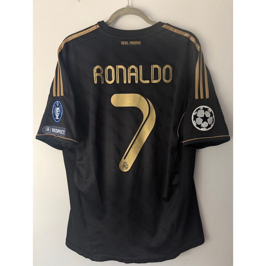 Real Madrid 2011-12 Away Cristiano Ronaldo #7 Jersey Men's Large adidas UEFA Champions League Fully Patched Black Gold