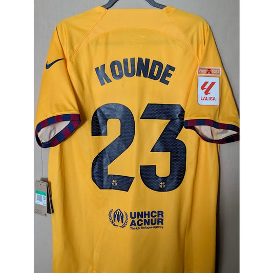 FC Barcelona 2023-24 Fourth Jersey Jules Kounde #23 Mens XL Nike NWT La Liga Fully Patched Yellow Soccer Shirt