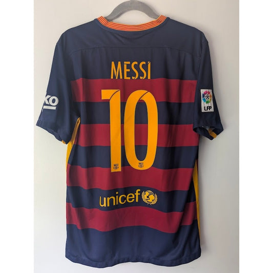 FC Barcelona 2015-16 home Lionel Messi jersey, Nike, Club World Cup patches, men's large