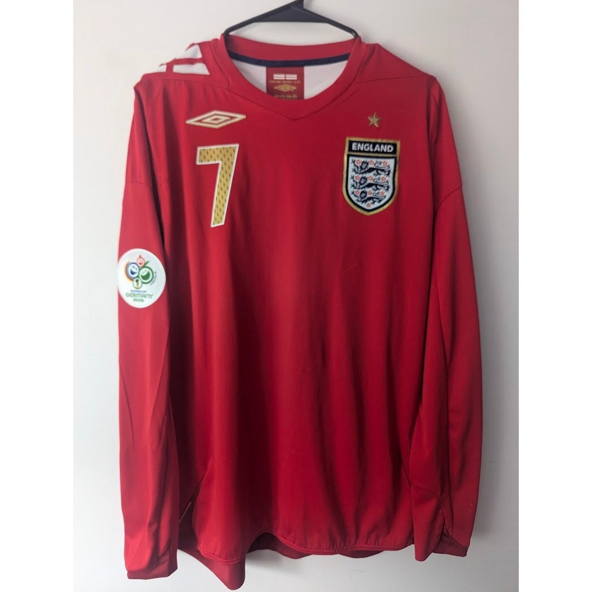 England 2006 Away Beckham Jersey Large LS World Cup Fully Patched Umbro Shirt