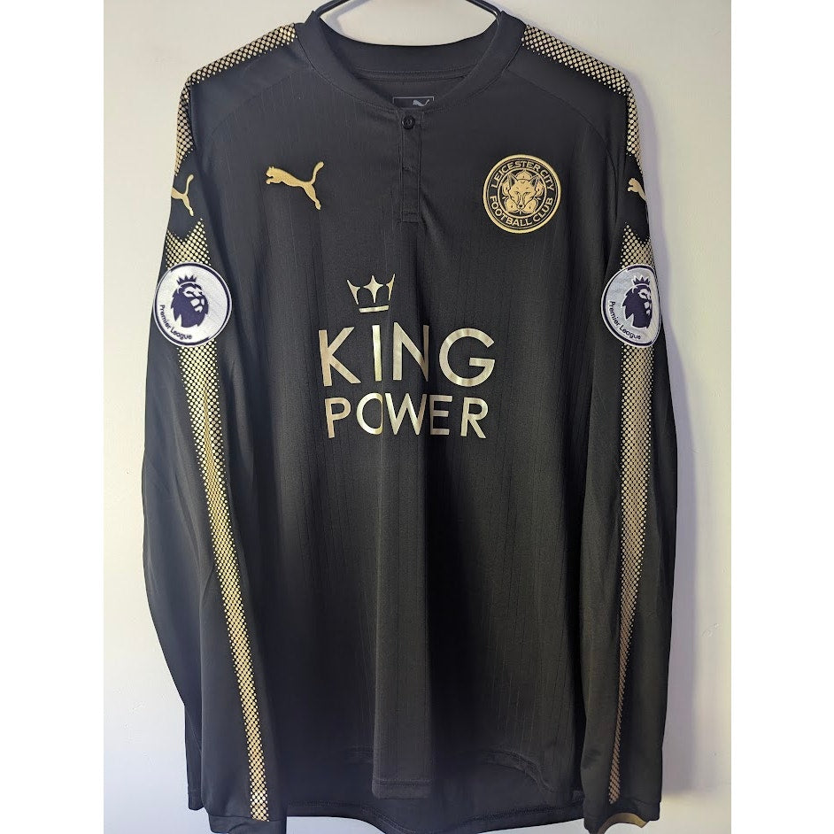 Leicester City 2017-18 Away Jamie Vardy Jersey Men’s XL Long Sleeve EPL Fully Patched Black Gold