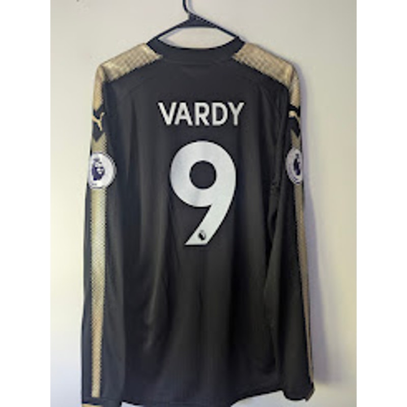 Leicester City 2017-18 Away Jamie Vardy Jersey Men’s XL Long Sleeve EPL Fully Patched Black Gold