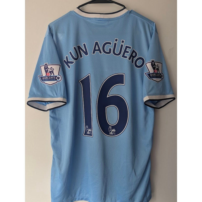 Manchester City 2013-14 Home Sergio Kun Aguero Jersey Men's Large EPL Fully Patched