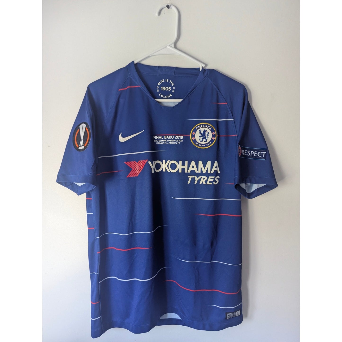 Chelsea 2018–19 Home Hazard Jersey – Men’s Medium UEL Final Fully Patched Shirt