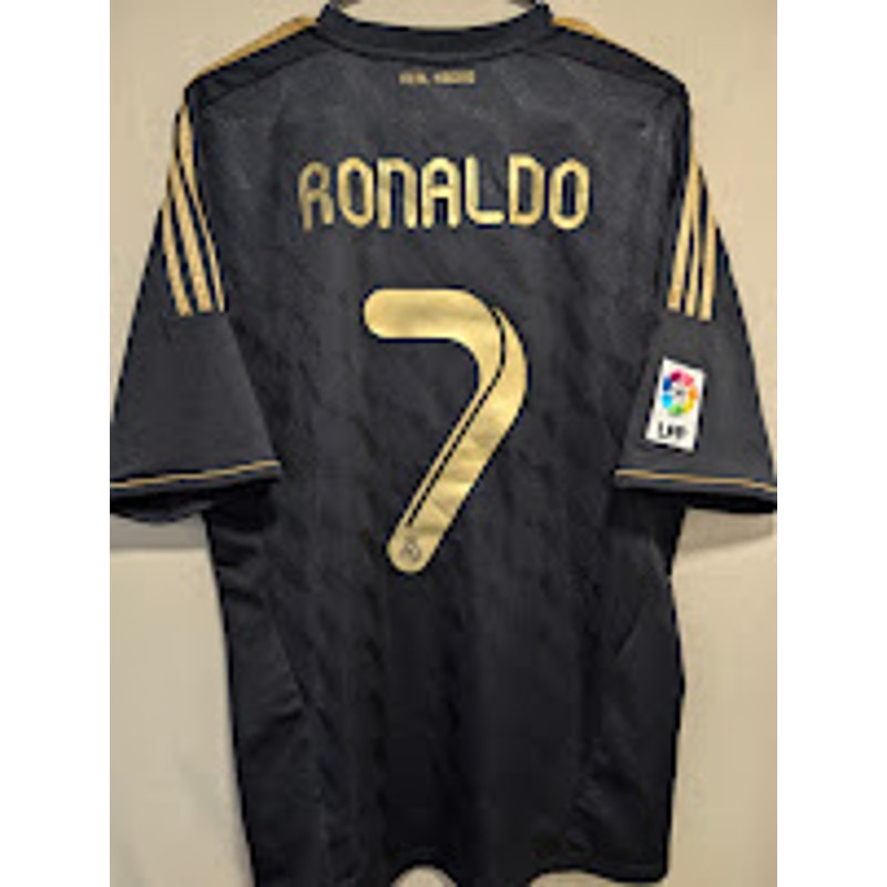 Real Madrid 2011-12 away Cristiano Ronaldo black and gold jersey, men's large