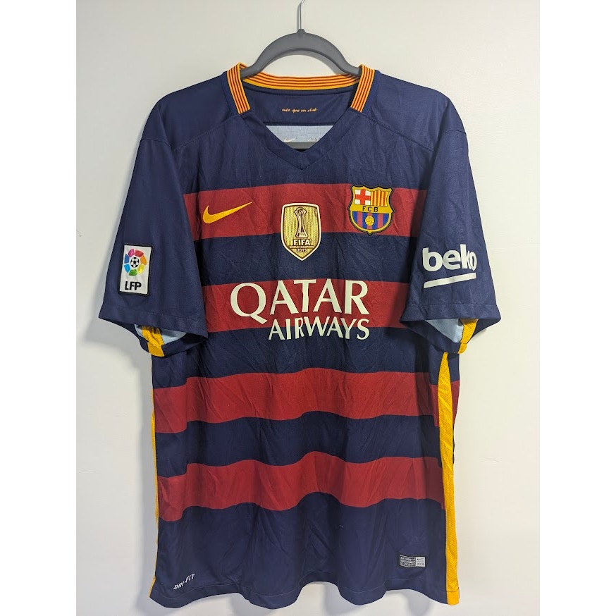 FC Barcelona 2015–16 Home Messi Jersey – Men’s XL | La Liga Patched Club World Cup Badge Shirt