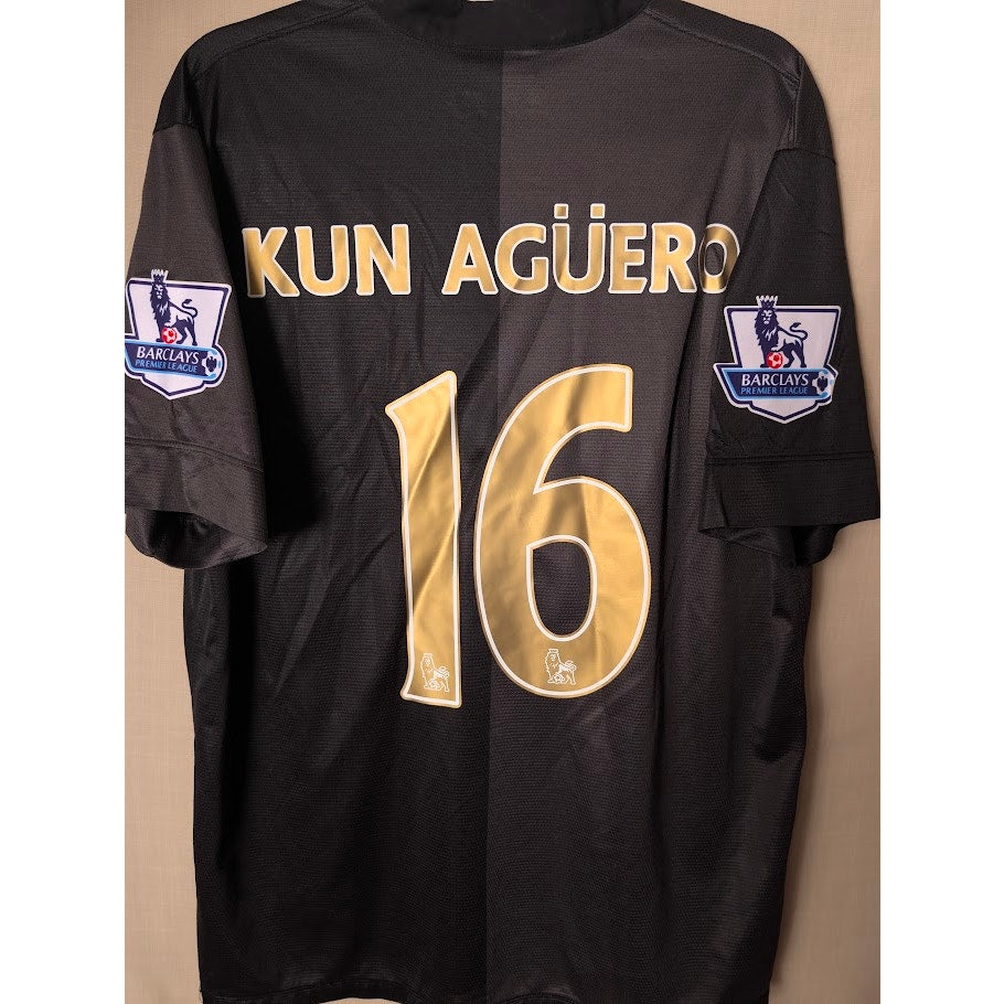 Manchester City 2013-14 Away Sergio Aguero Jersey Mens XL EPL Patched Black Gold